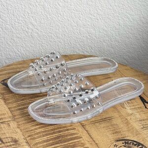 Jelly Flip Flop Studded Rhinestone Slipper Slide Sandals USA 9 Clear Transparent